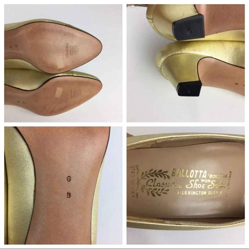 Vintage Ballotta Womens Gold Metallic Low Block Heel Italian Pumps size 6
